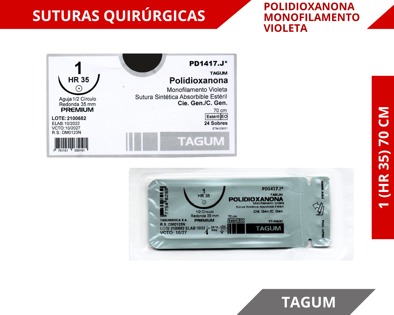 Polidioxanona Monofilamento Violeta 1 (HR 35) 70 CM - TAGUM
