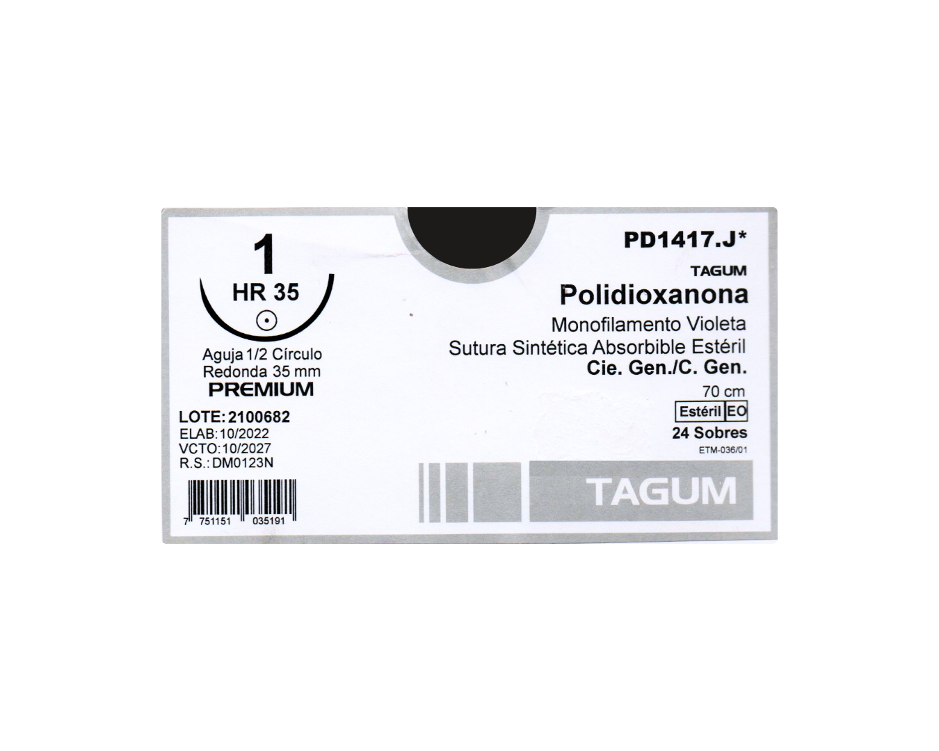 Polidioxanona Monofilamento Violeta 1 (HR 35) 70 CM - TAGUM - (UNIDAD)