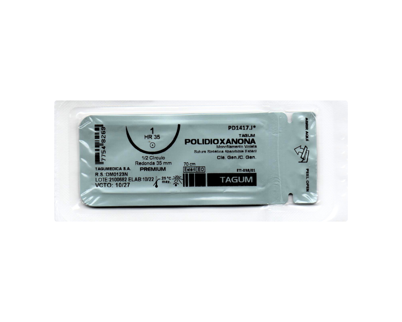 Polidioxanona Monofilamento Violeta 1 (HR 35) 70 CM - TAGUM - (UNIDAD)