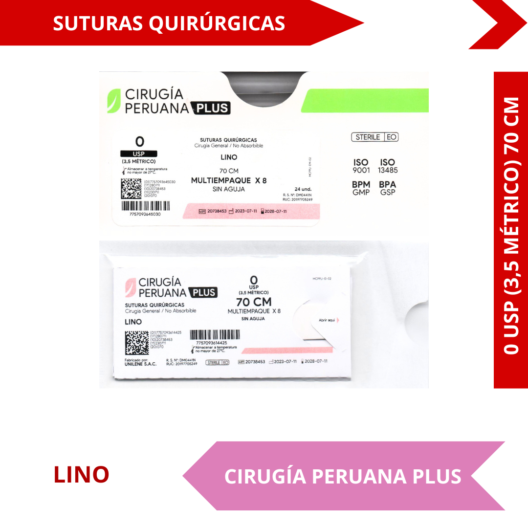 Suturas Quirúrgicas Lino 0 USP (3,5 Métrico) 70 CM - CIRUGÍA PERUANA PLUS - (UNIDAD)