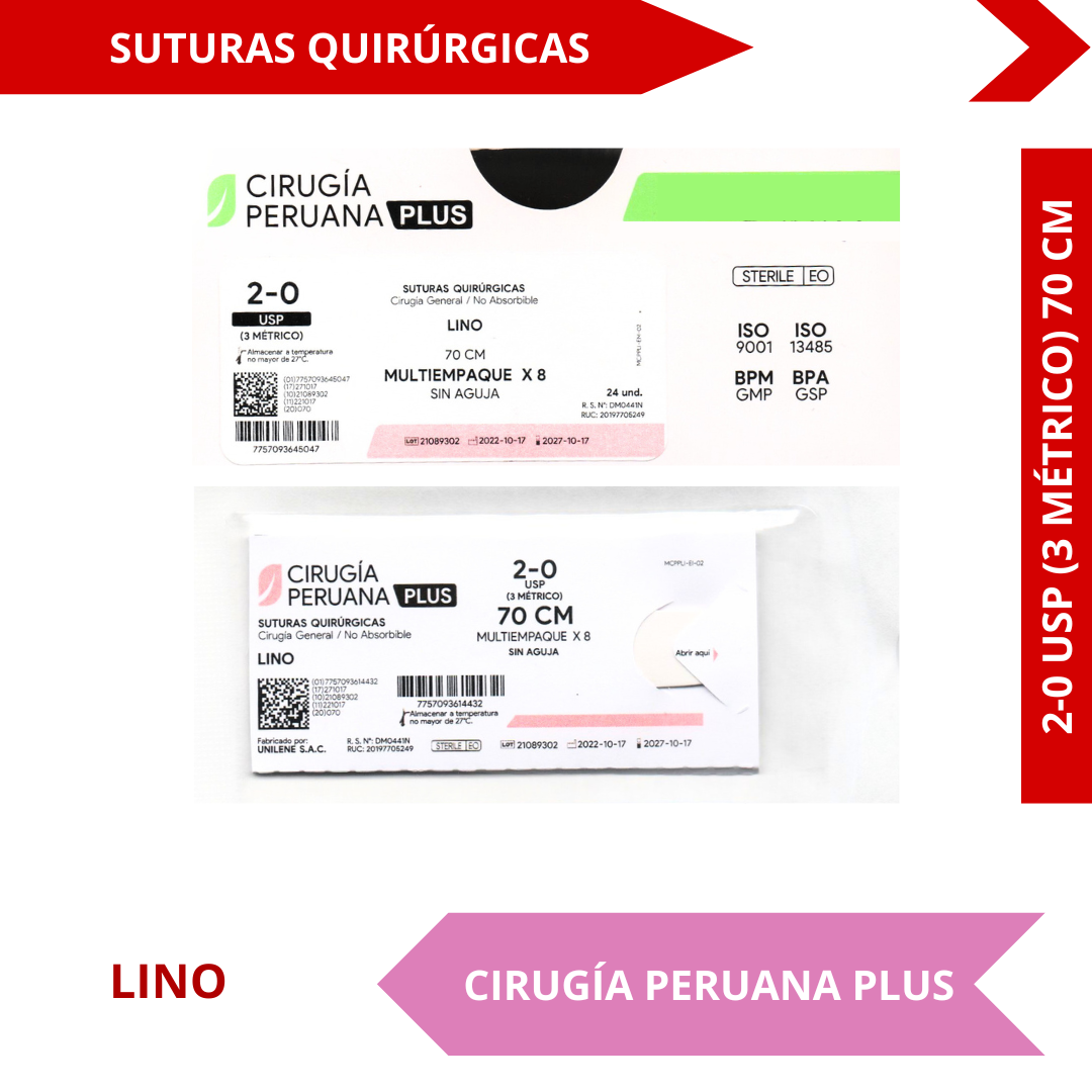 Suturas Quirúrgicas Lino 2-0 USP (3 Métrico) 70 CM - CIRUGÍA PERUANA PLUS - (UNIDAD)