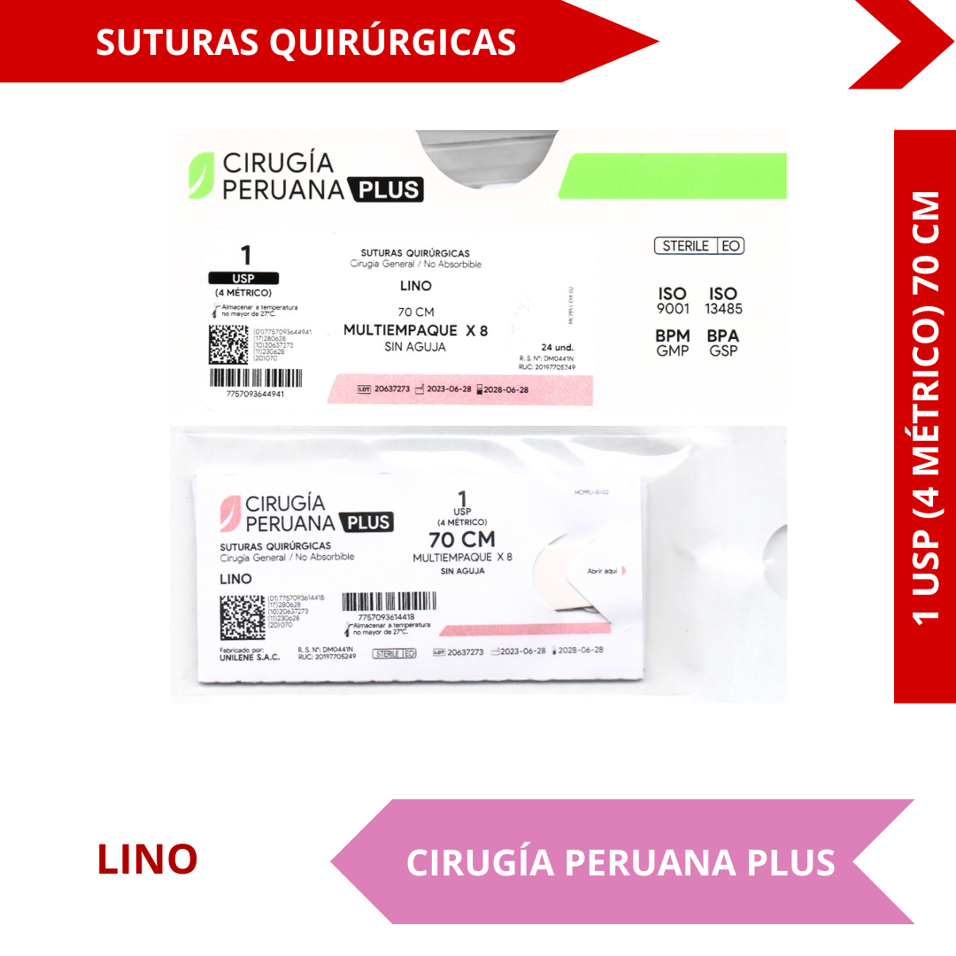 Suturas Quirúrgicas Lino 1 USP (4 Métrico) 70 CM - CIRUGÍA PERUANA PLUS - (UNIDAD)