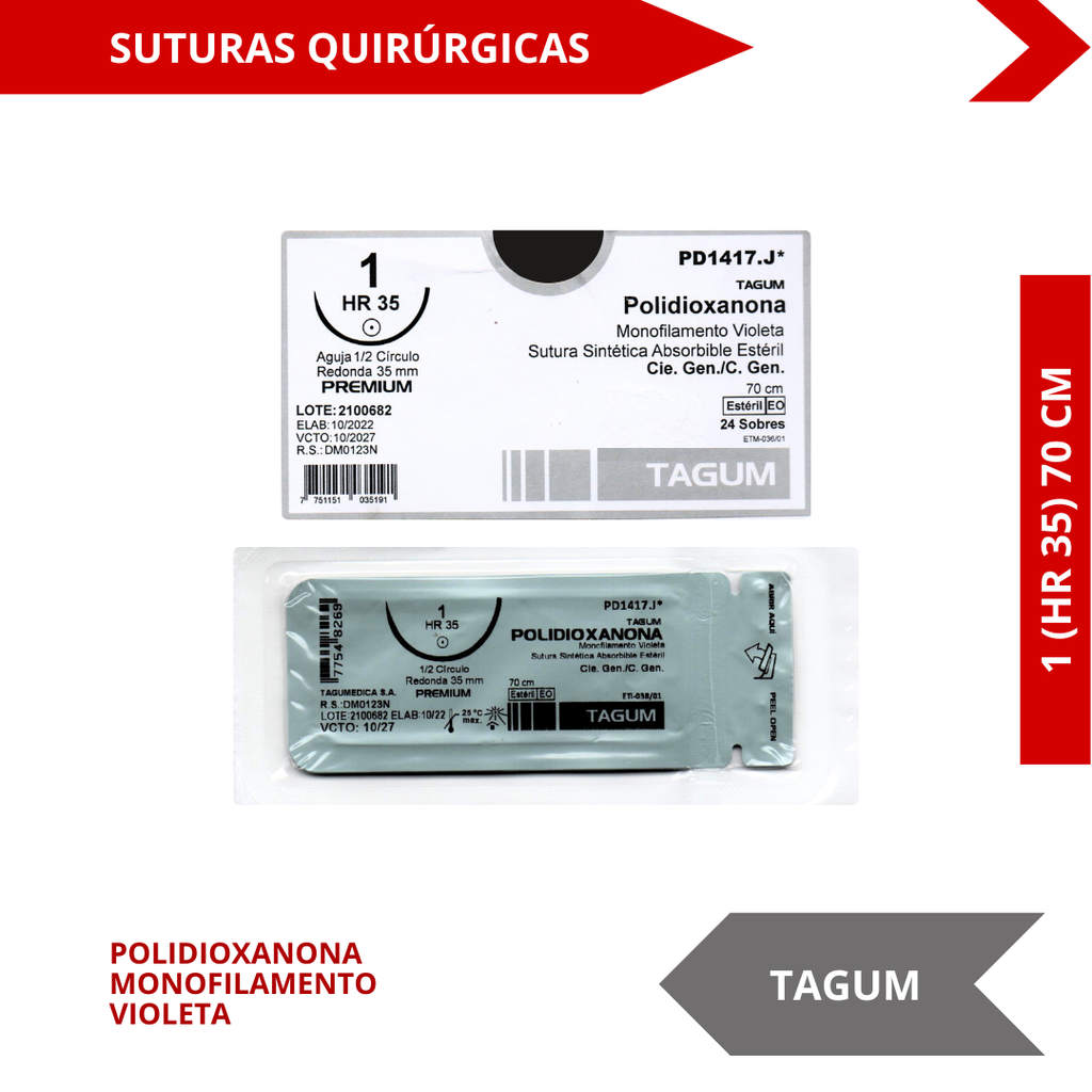 Polidioxanona Monofilamento Violeta 1 (HR 35) 70 CM - TAGUM - (UNIDAD)